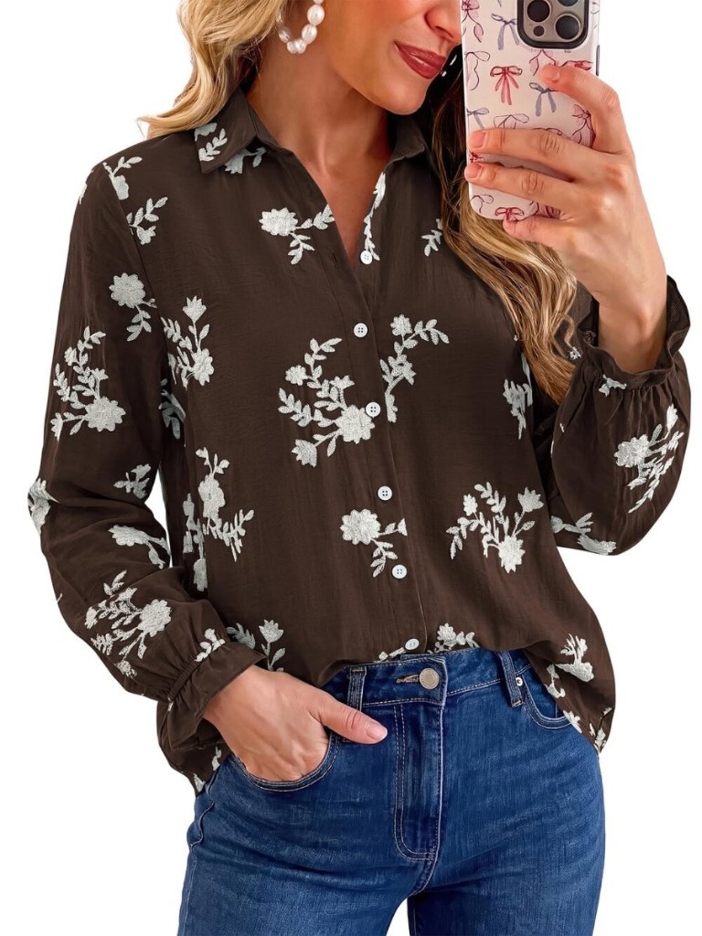 Boho Floral Embroidered Long Sleeve Blouses for Women Dressy Casual